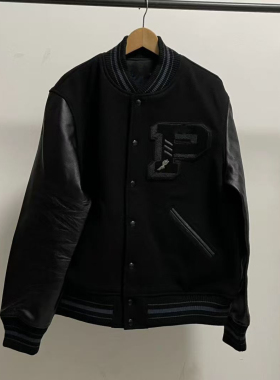 破锣男装羊毛皮袖棒球服夹克外套男士上装外套