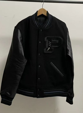 破锣男装羊毛皮袖棒球服夹克外套男士上装外套