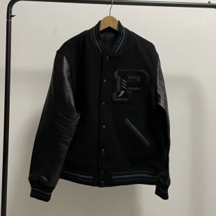 破锣男装羊毛皮袖棒球服夹克外套男士上装外套