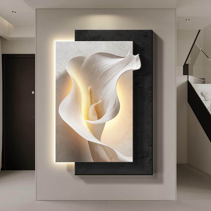 马蹄莲玄关装饰画黑白意式极简高级感走廊挂画浮雕立体砂岩客厅灯