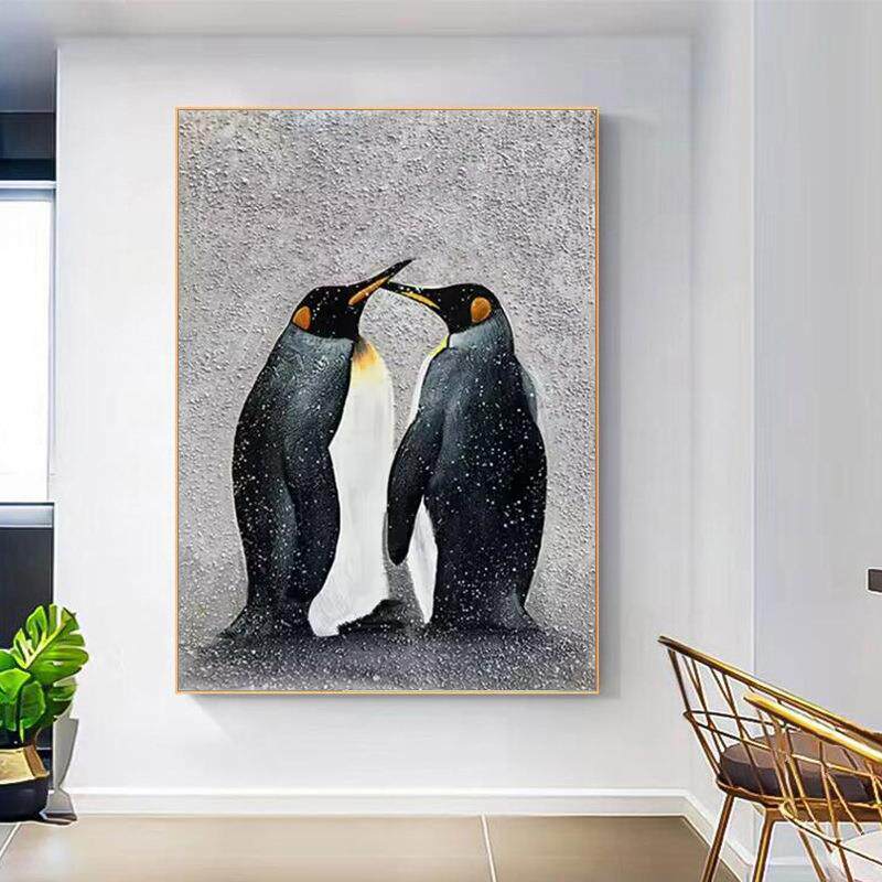 手绘动物油画企鹅客厅玄关装饰画手工立体肌理抽象餐厅儿童房挂画