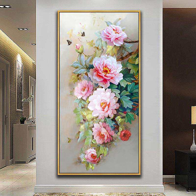 顺丰花开富贵手绘油画牡丹花卉入户玄关装饰画走廊过道挂画新中式