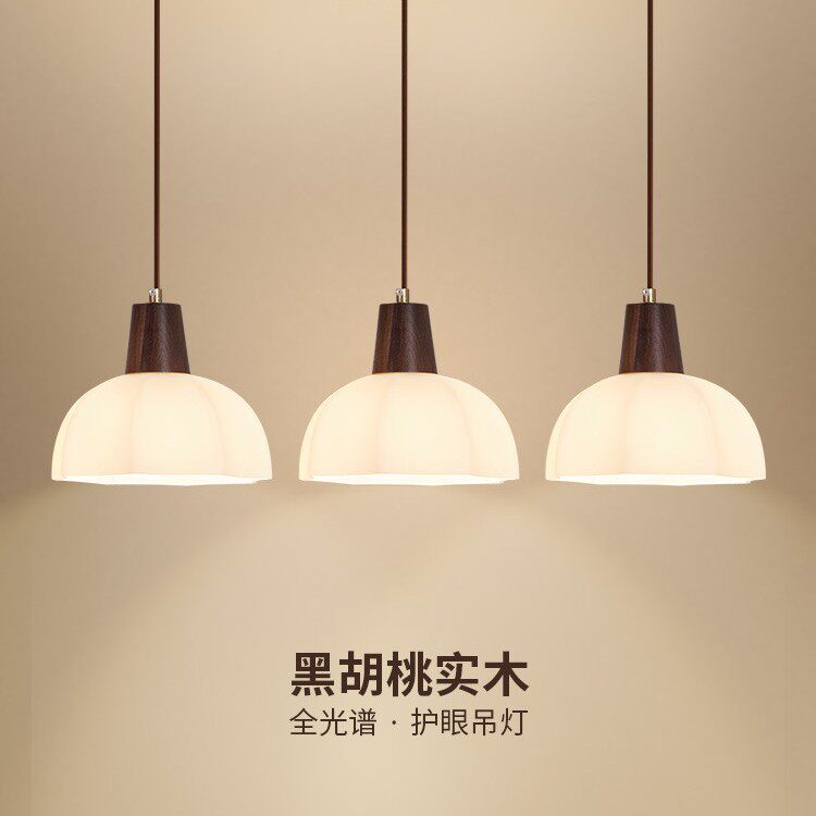 黑胡桃木餐厅灯吊灯三头玻璃北欧led餐桌饭厅灯现代中式吧台灯具