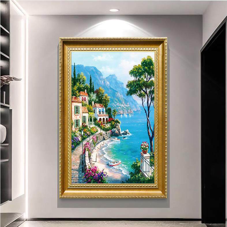 手绘油画欧式客厅玄关地中海风景装饰画美式轻奢走廊尽头挂画竖版