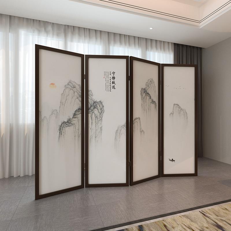 屏风隔断客厅现代简约折叠移动茶室办公室中式折屏实木布艺山水画