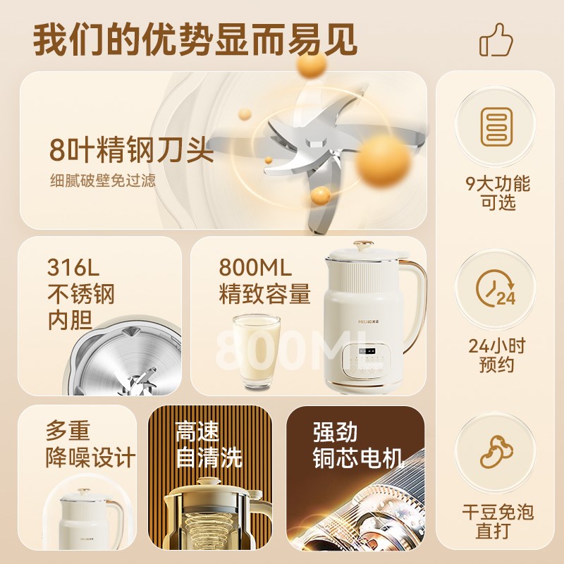美菱豆浆机家用全自动免煮2-4人小型榨汁机迷你多功能破壁机新款