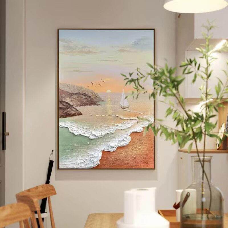 手绘油画一帆风顺客厅沙发墙装饰画砂岩肌理立体餐厅挂画海景日出