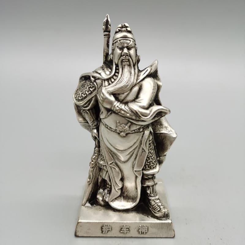 仿古白铜色护车神关公车内摆件工艺品合金忠义关公家居古玩摆设