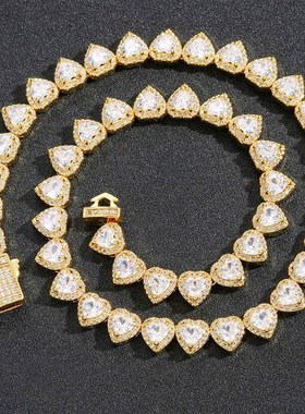 欧美跨境锆石项链嘻哈10mm爱心冰糖链弹簧扣百搭时尚男女嘻哈项链