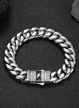 欧美新品闪电锆石弹簧扣不锈钢古巴手链跨境嘻哈钛钢饰品男士手链