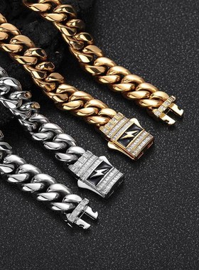 欧美新品闪电锆石弹簧扣不锈钢古巴项链跨境嘻哈钛钢饰品男士项链