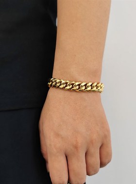 跨境欧美弹簧扣不锈钢手链潮牌嘻哈古巴链男士钛钢手链饰品