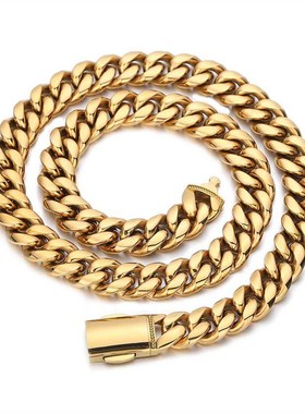 厂家直销欧美嘻哈不锈钢项链电镀18K金弹簧扣12mm光面加密古巴链