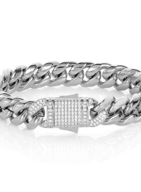 欧美嘻哈不锈钢古巴链男士手链锆石弹簧扣圆磨加密钛钢手链