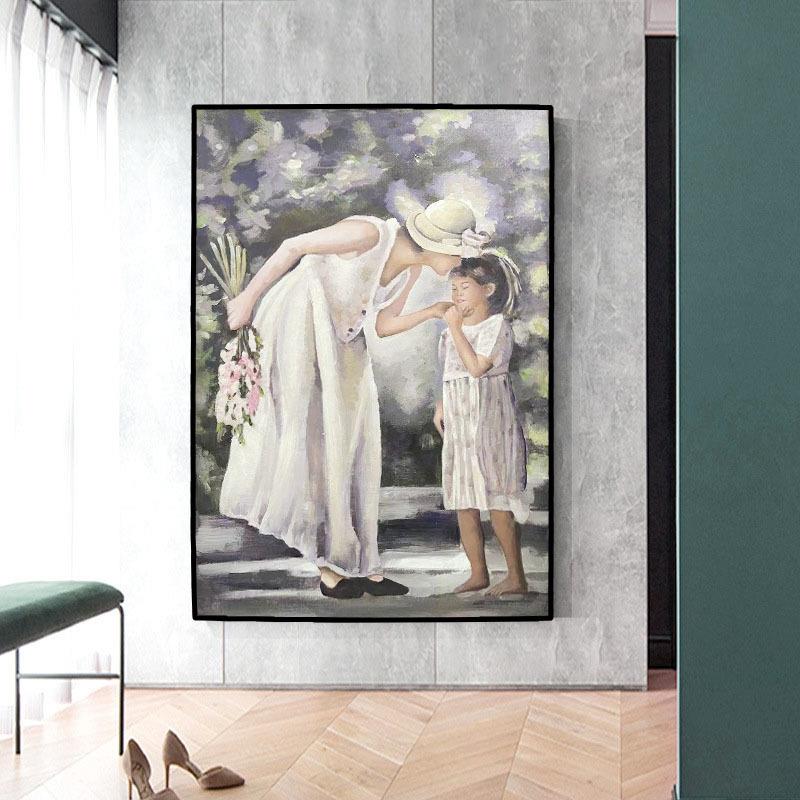 小清新温馨亲子客厅餐厅卧室玄关手绘油画墙壁挂画手工人物装饰画