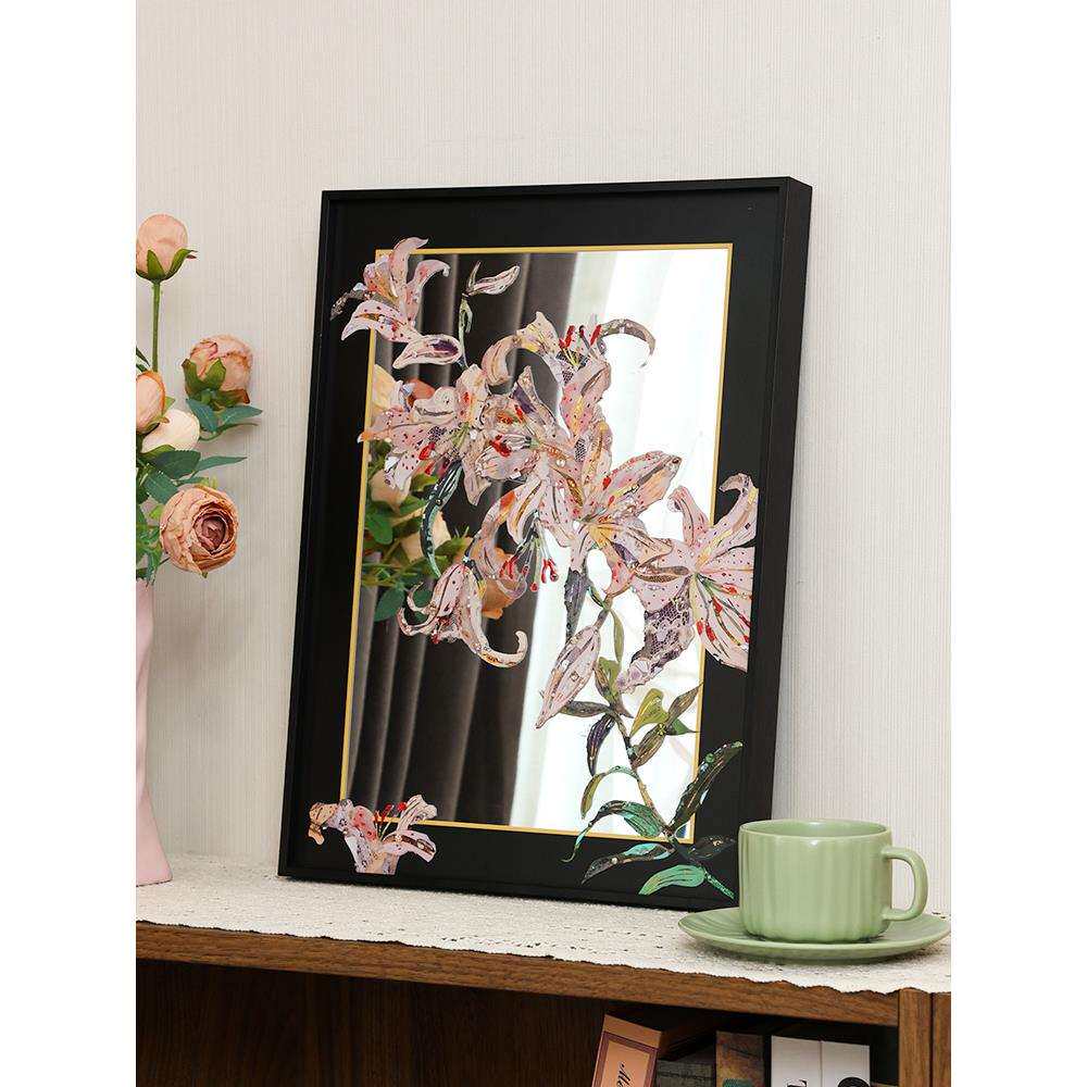 新中式百合花卉镜子画客厅装饰画抽象浴室镜玄关镜结婚挂画