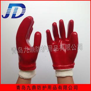 涤纶针织袖口油管手部防护用品红罗口加厚耐酸碱PVC红耐油手套