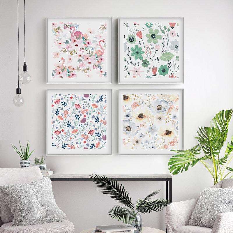 小清新客厅现代简约餐厅餐桌上的装饰画正方形北欧植物花卉壁画