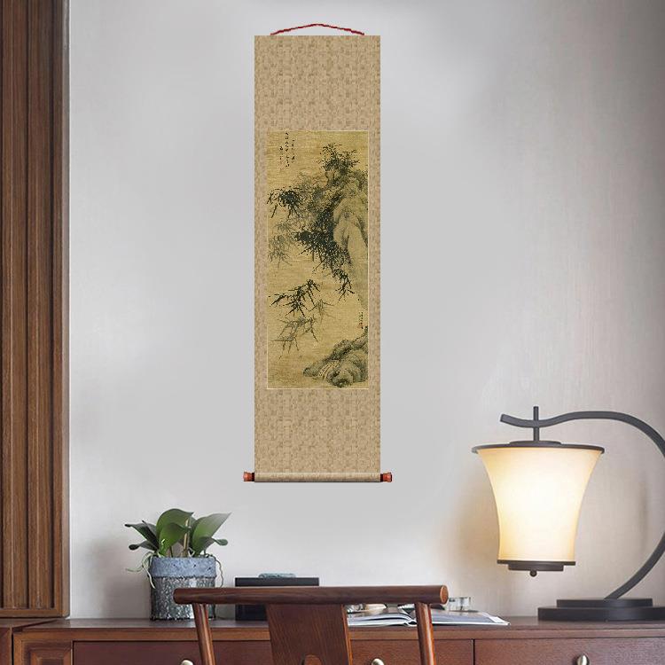 清竹石图墨竹图挂轴条幅卷轴花鸟画名画复制品玄关画名人字画书画