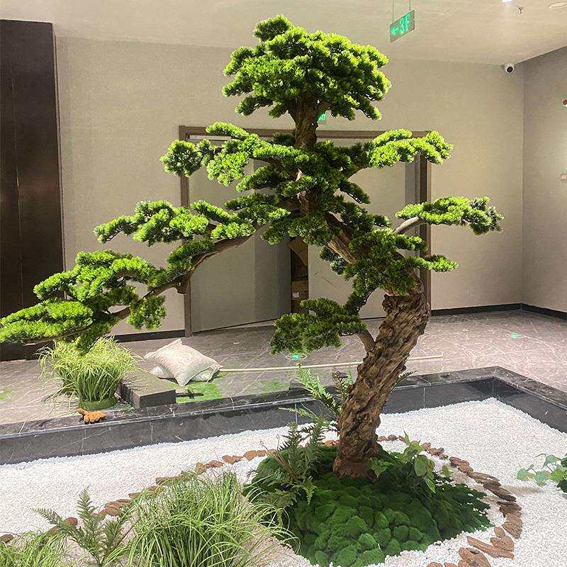迎客松仿真树造景假树室内绿植景观大型罗汉松摆件楼梯下橱窗装饰