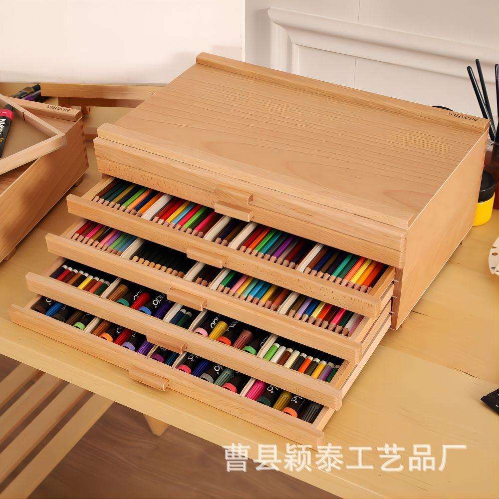 榉木画笔收纳盒蜡笔绘画文具储物柜木质收纳箱抽屉式绘画文具收纳