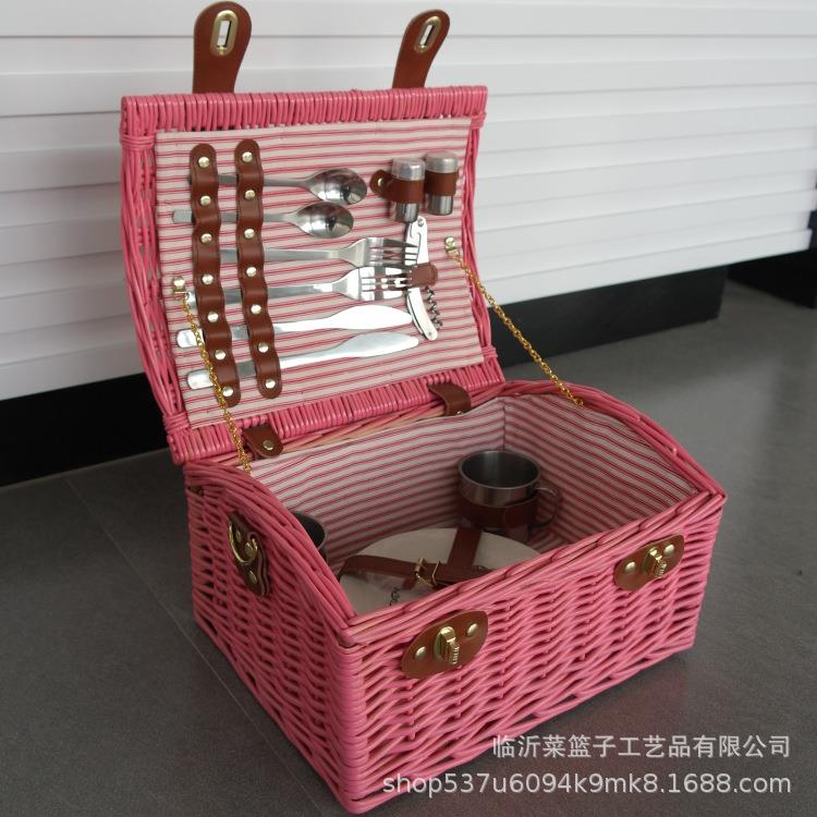 新款可爱粉色野餐篮子 含双套餐具 女士手提篮柳条藤条编织收纳篮
