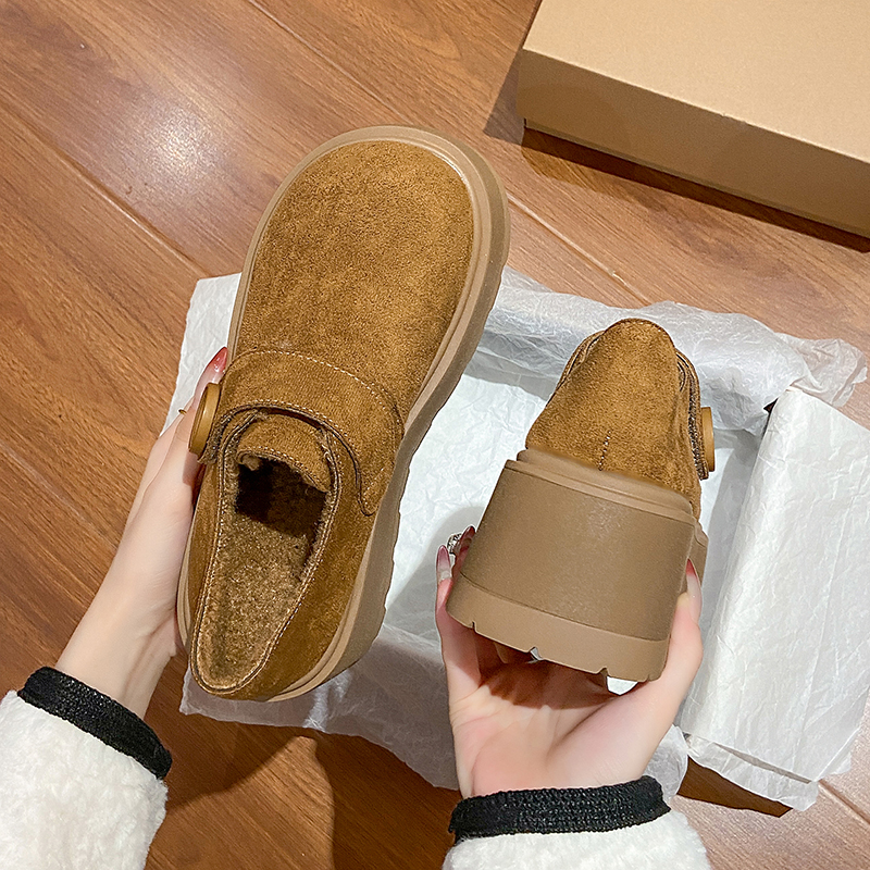 勃肯鞋女2025秋冬复古百搭加绒保暖厚底增高乐福棉鞋小个子松糕鞋