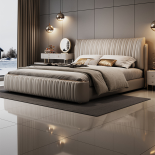 现代简约轻奢贝壳真皮床主卧室奶油风高端大气双人婚床2025新款