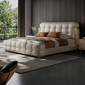 包豪斯奶油风高级豪华现代真皮床主卧大床高端大气软包双人床婚床