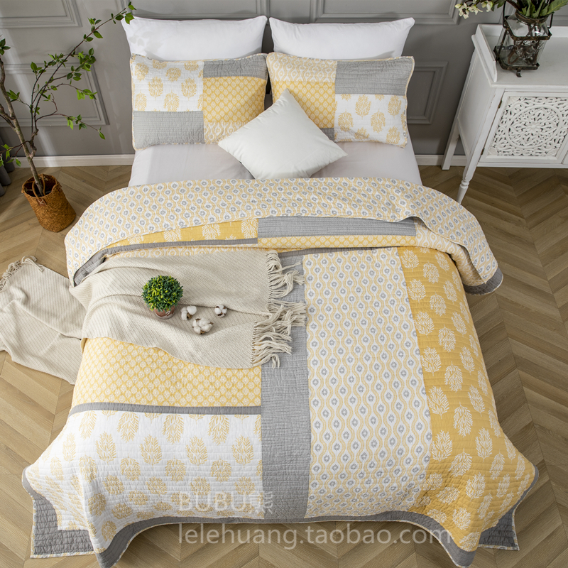 外贸美式全棉床盖黄色衍缝被三件套夹棉绗缝床单床罩空调被夏
