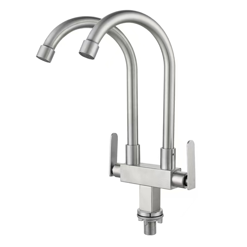 304不锈钢双开关双管单孔单冷厨房水龙头可旋转双把双控双出龙头