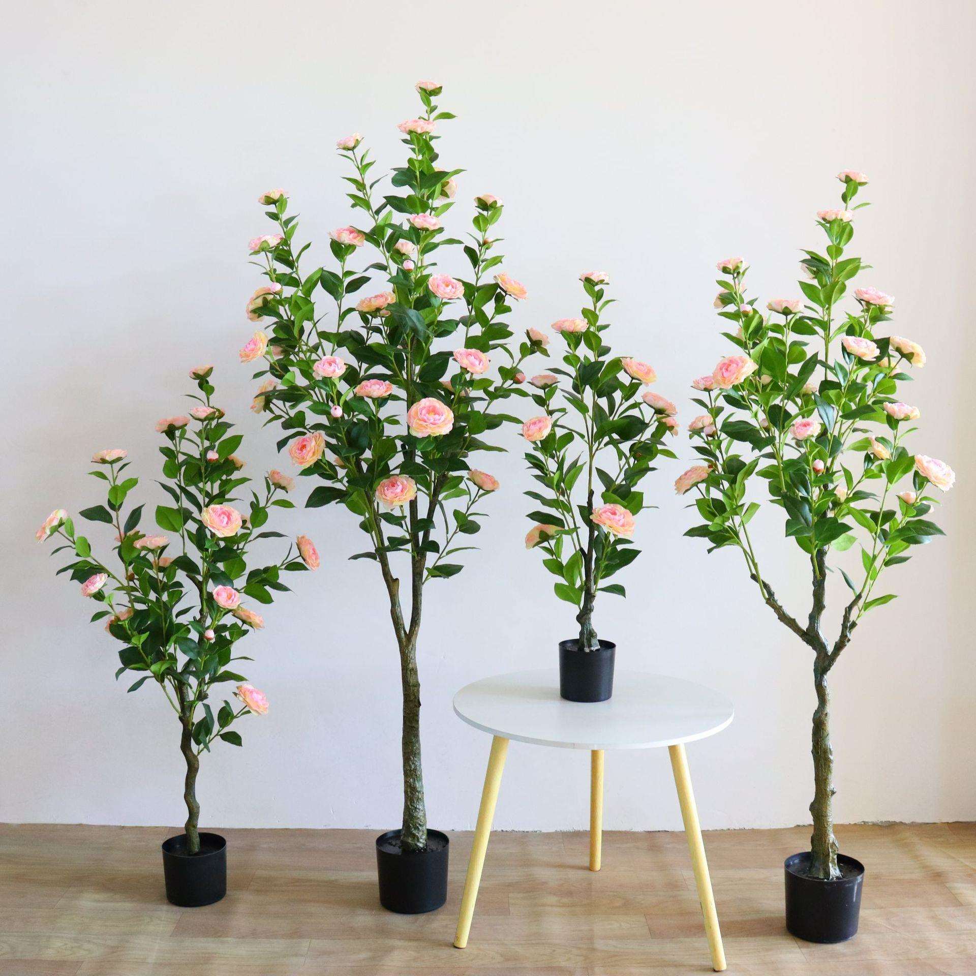 仿真茶玫花树假茶树小型盆栽植物室内客厅装饰盆景仿真山茶花树