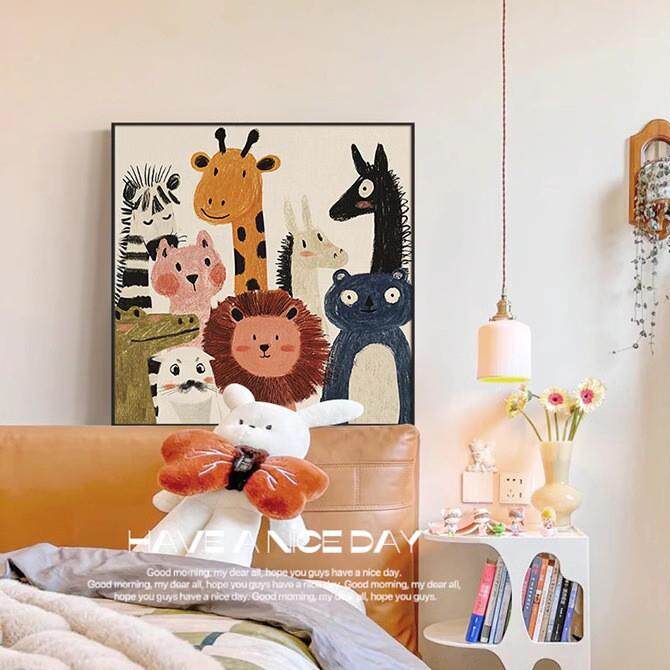 卡通动物儿童房装饰画可爱温馨餐厅客厅卧室床头挂画北欧墙面壁画