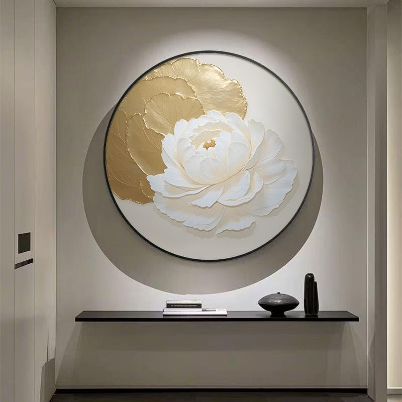 手绘牡丹花浮雕油画金箔圆形玄关挂画艺术走廊过道壁画轻奢肌理画