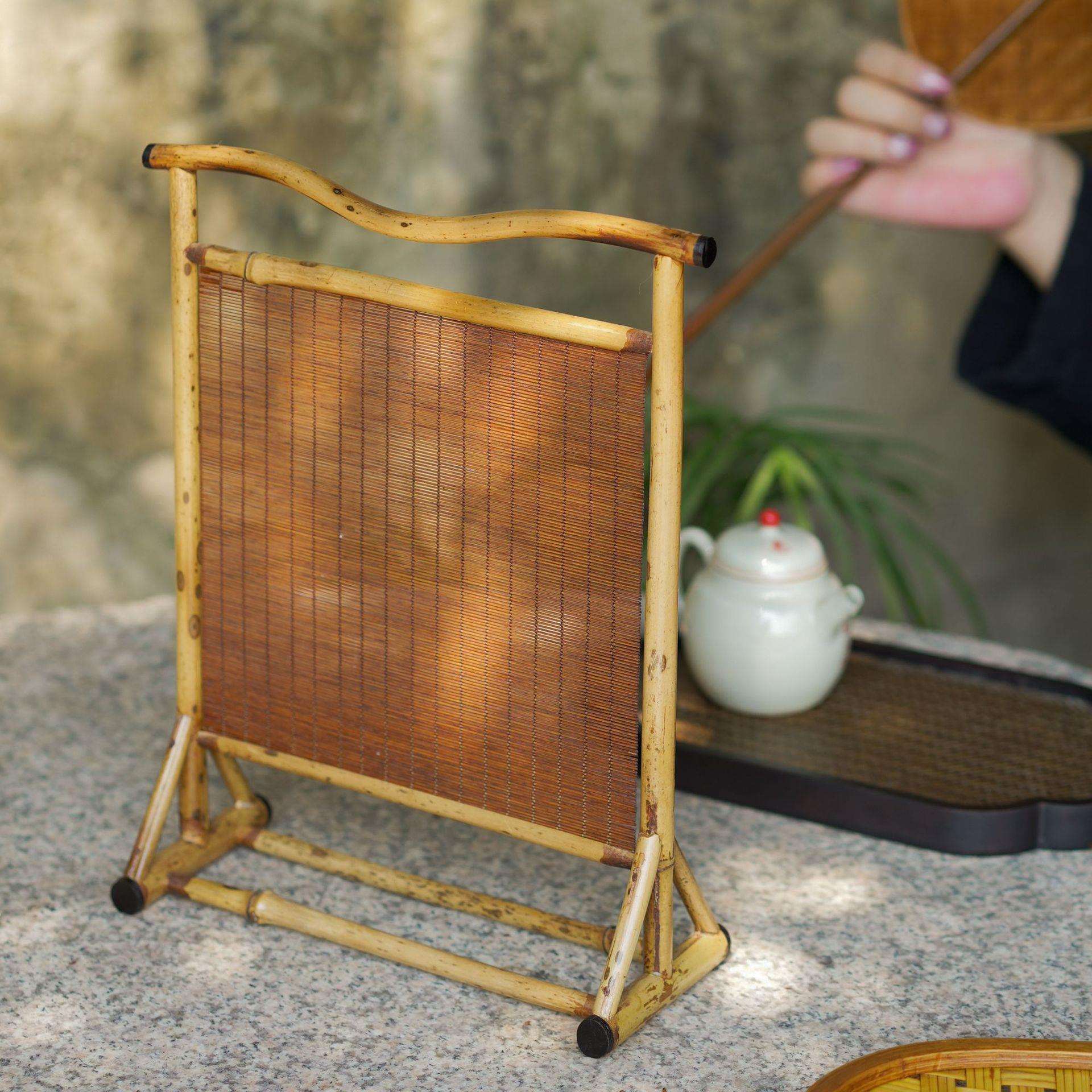 梅鹿竹小屏风桌面摆件隔断竹丝插屏茶道器具