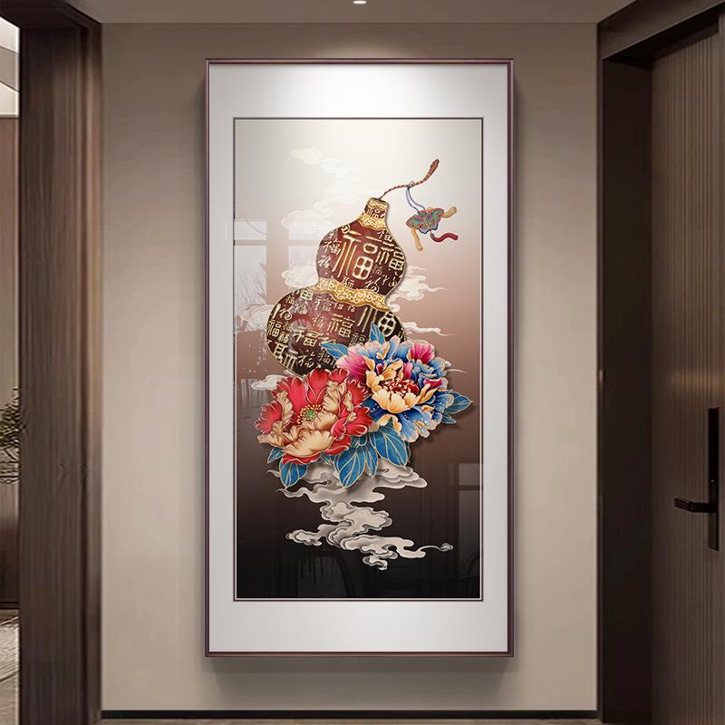 葫芦玄关装饰画新中式正对门入户画百福图过道尽头挂画牡丹花壁画