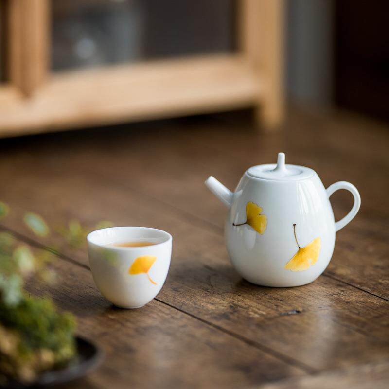 白瓷手绘茶壶 手工陶瓷银杏叶泡茶壶家用小壶带过滤泡茶器