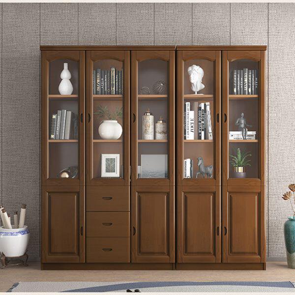 实木橡木书柜带玻璃门三门现代中式书架储物学生书橱办公室文件柜