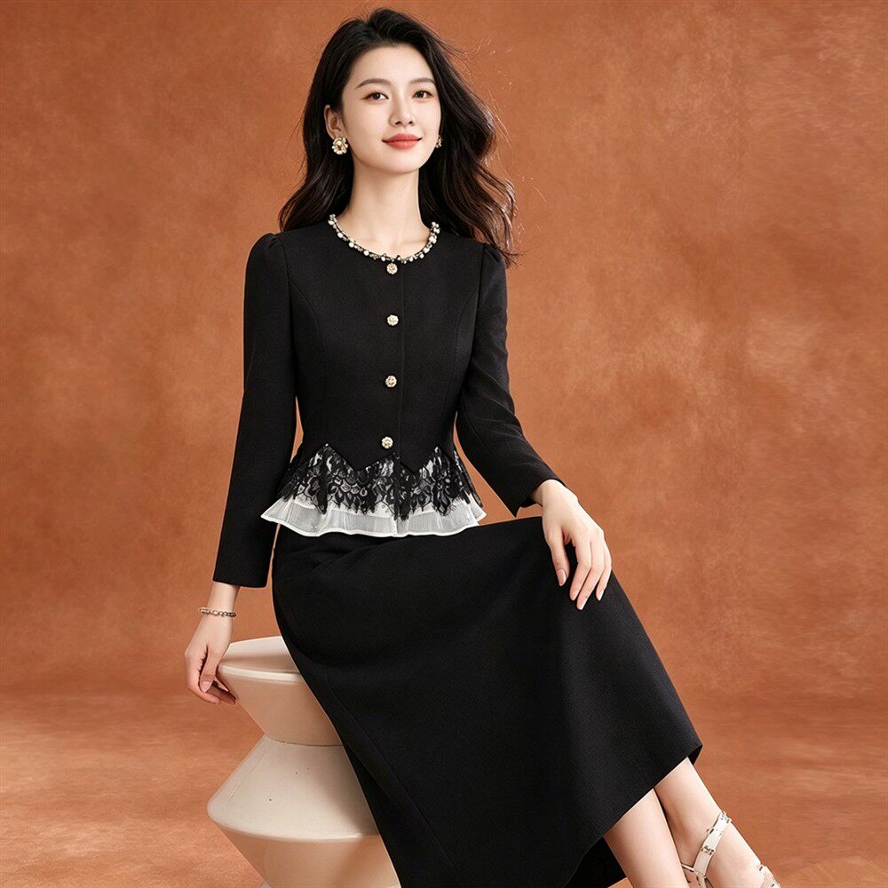 黑色蕾丝拼接长袖连衣裙女2026新款爆款秋季高端小香风套装高级感