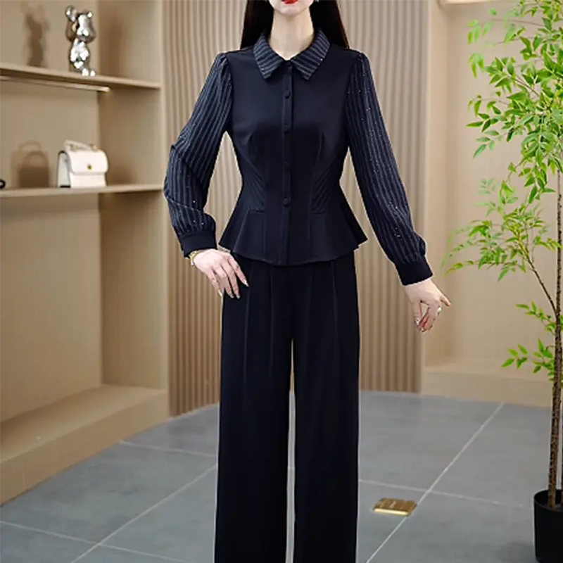 条纹拼接上衣休闲套装女秋季2026新款收腰干练一整套阔腿裤两件套