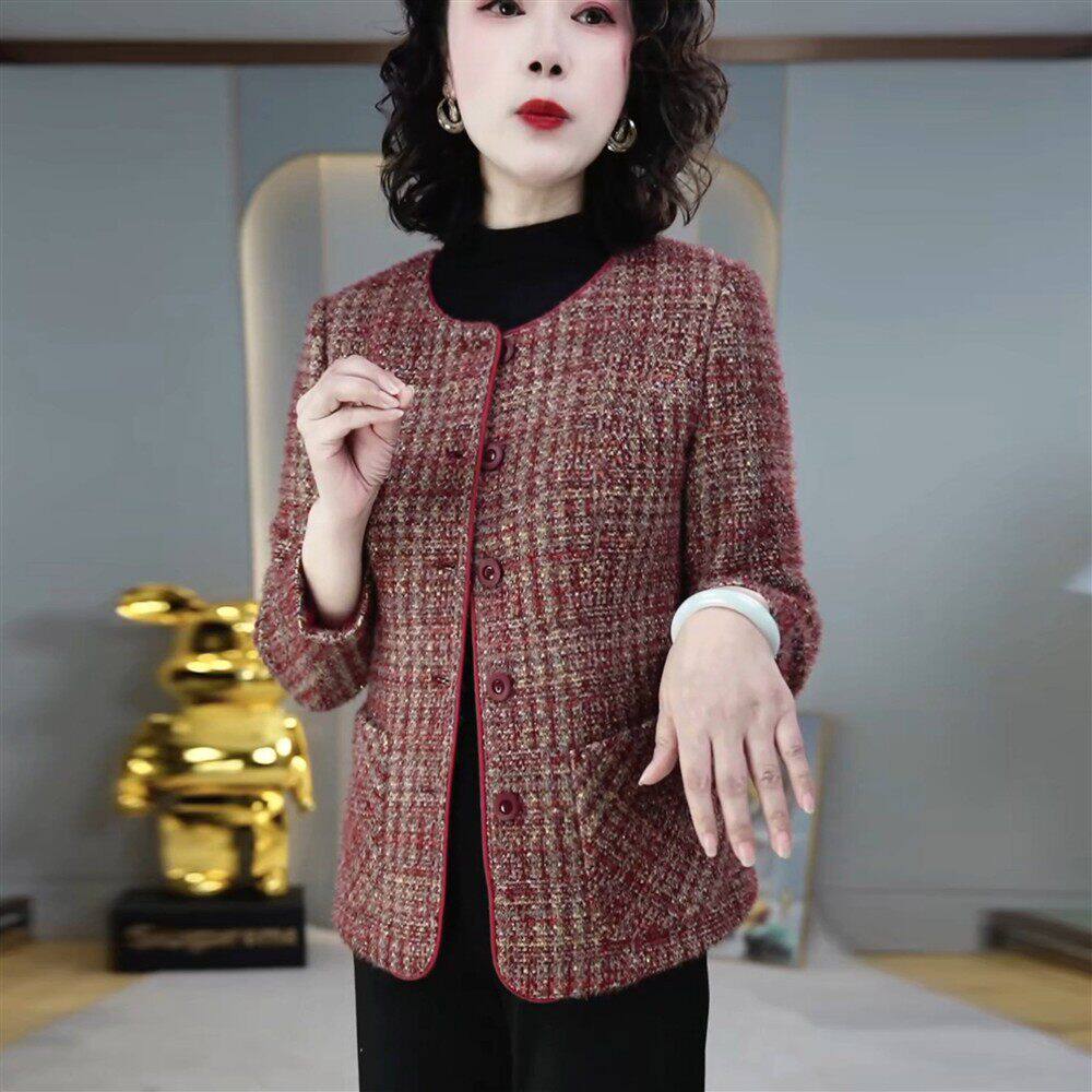 圆领长袖单排扣短款上衣2026秋季新款妈妈修身显瘦小个子格纹外套