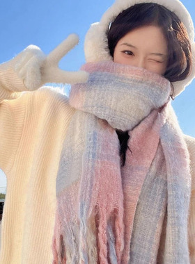 冬新款韩版ins风软糯加厚格子围巾女披肩围脖保暖送女友闺蜜礼物