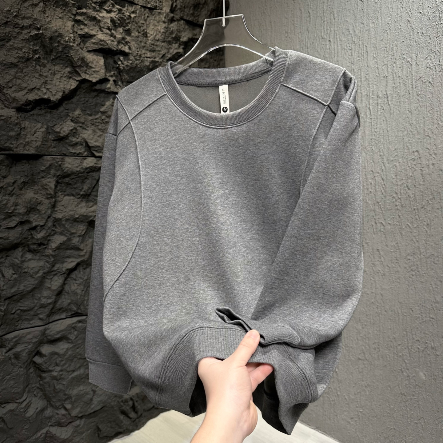 冬季男士加绒卫衣时尚T恤圆领内搭休闲打底衫纯色保暖上衣高级感