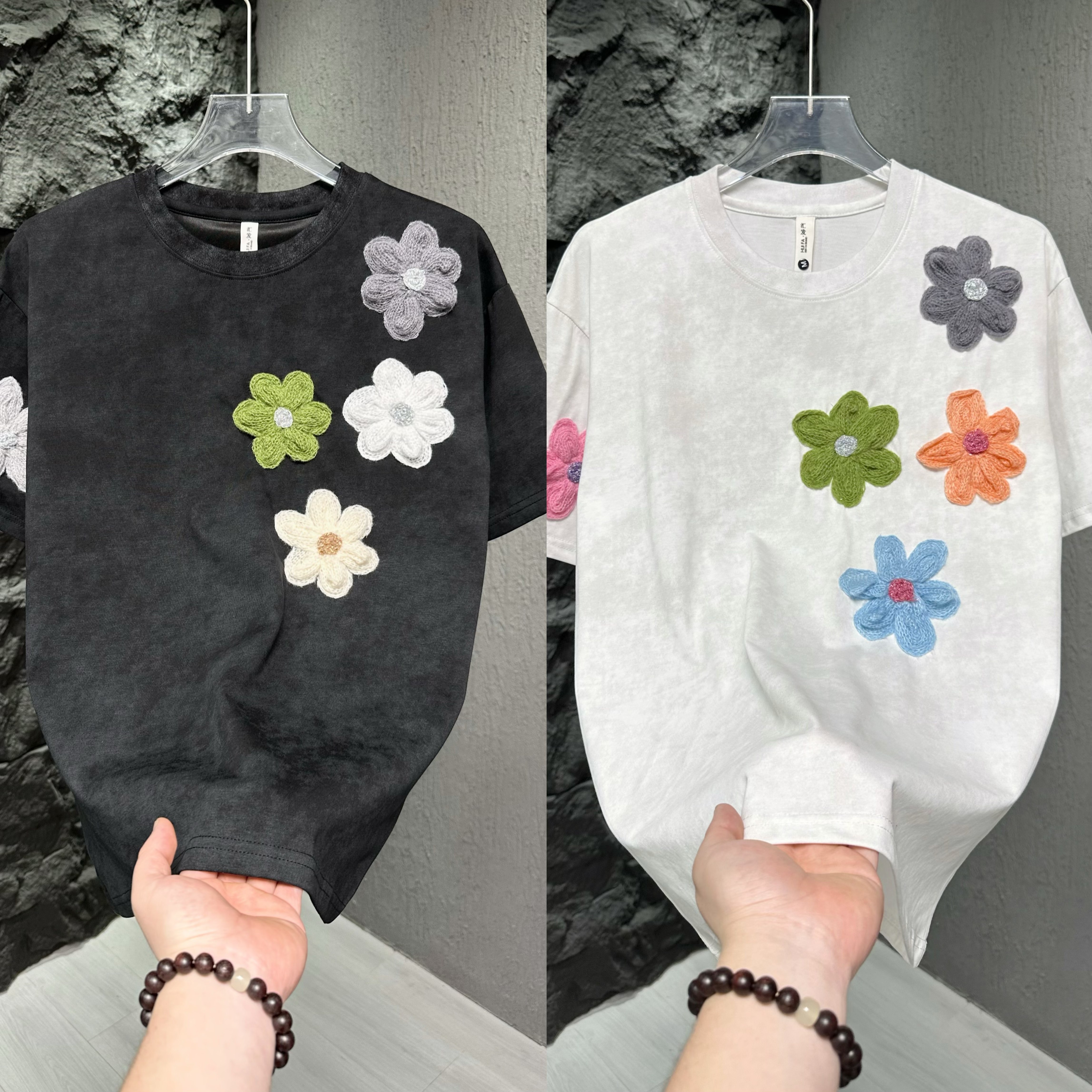 男立体花朵设计百搭小众时尚短袖