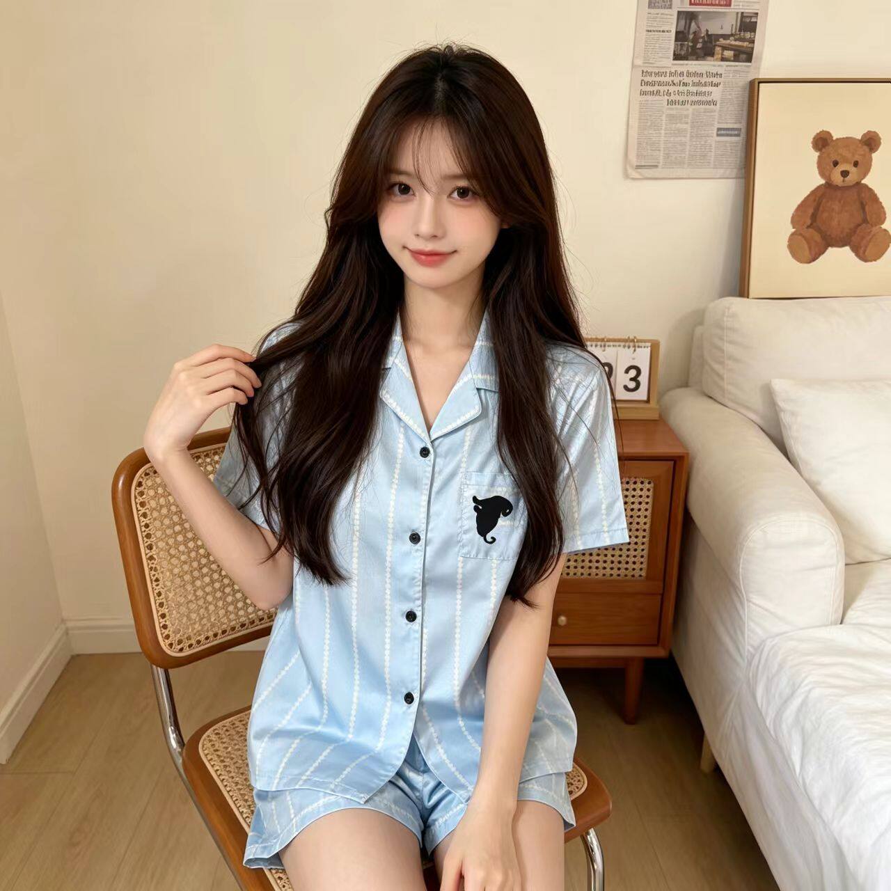 2026新款条纹小猫衬衫领睡衣女短袖棉质家居服套装春季