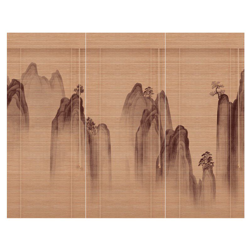 古风山水画印花窗帘卷拉式升降遮阳帘火锅店酒店装饰遮光竹帘卷帘