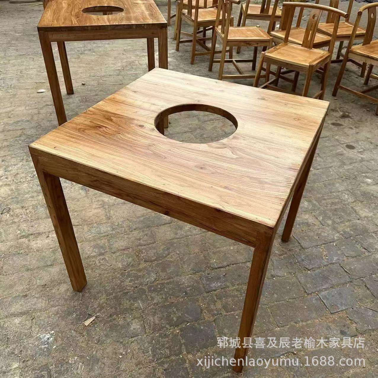 老榆木围炉煮茶桌实木八仙桌商用火锅桌复古茶桌饭店火锅桌椅组合