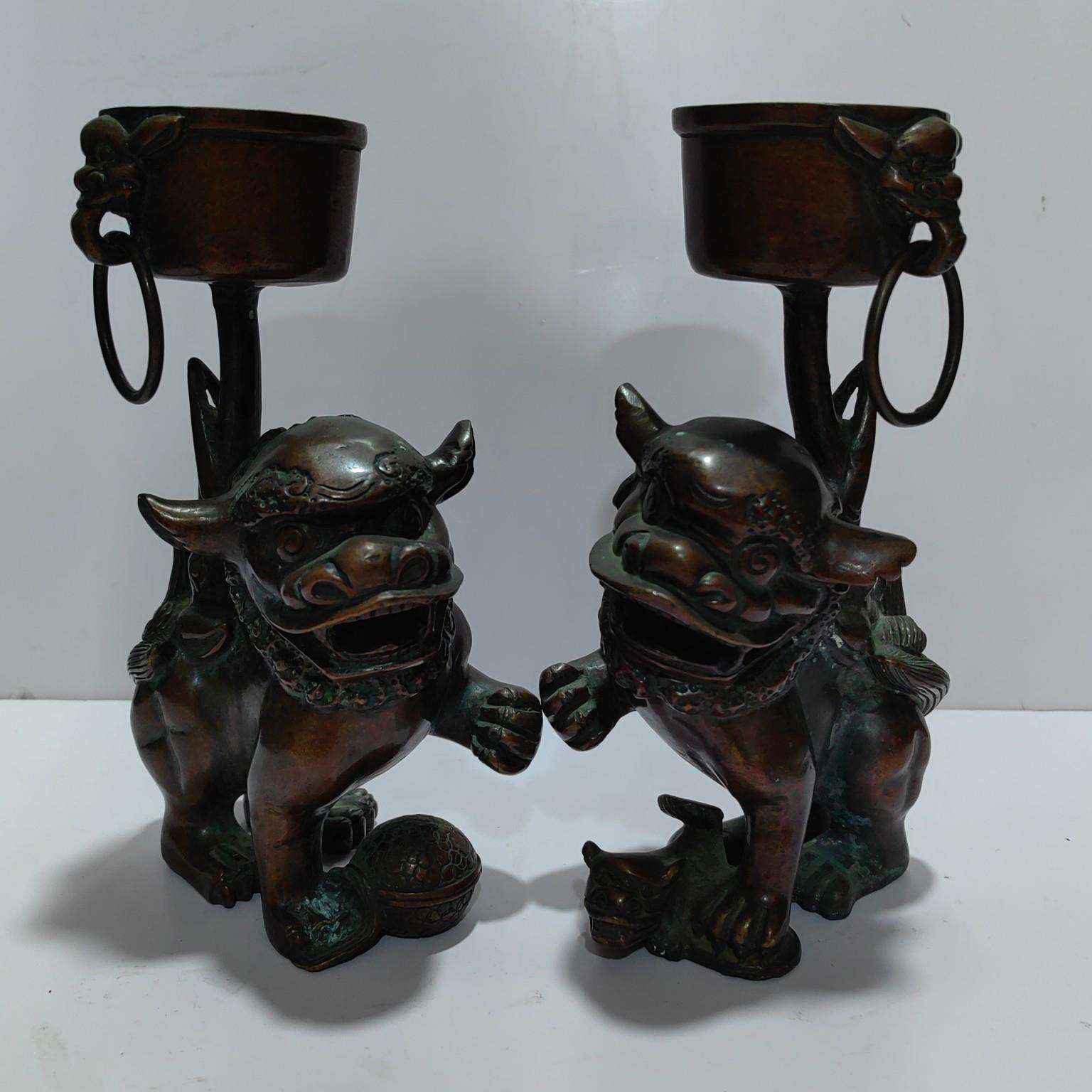 仿古狮子蜡台摆件铜器博古架狮子铜油灯盏摆件古玩收藏工艺品