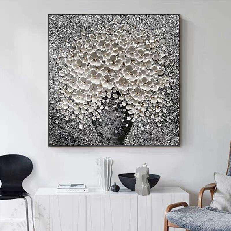 客厅装饰画手绘油画花开富贵发财树黑白肌理画高级感餐厅挂画方形