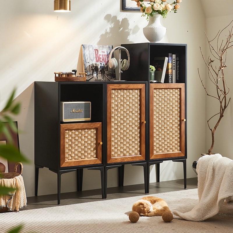 实木藤编b三斗柜中古侘寂风高低组合柜收纳柜储物柜小型书柜玄关